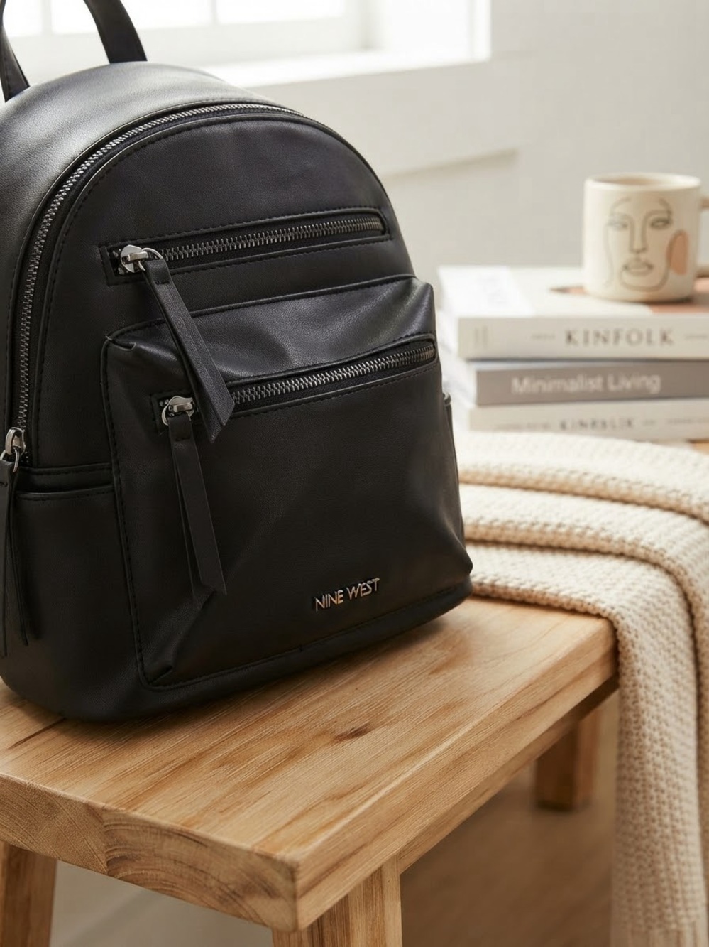 Nine West Black Mini Faux-Leather Backpack with Front Zip Pockets